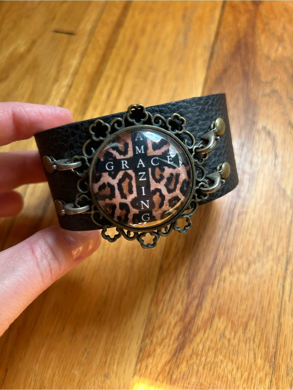 Amazing Grace Leopard Medallion Black Leather Cuff Bracelet